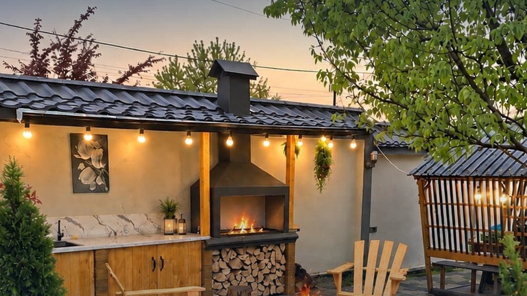 Courtyard of a mountain villa in Gabala with an outdoor kitchen and a fireplace at dusk